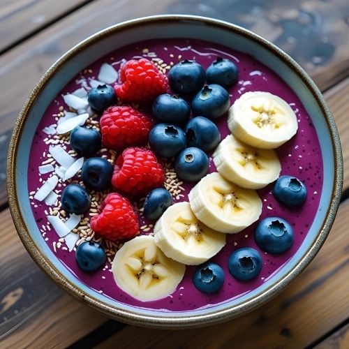 Smoothie Bowl mit Beeren, Bananenscheiben und Kokosraspeln in einer Schale