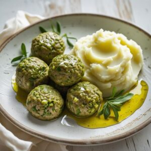 Grünkernfrikadellen mit Kartoffelbrei auf einem Teller angerichtet