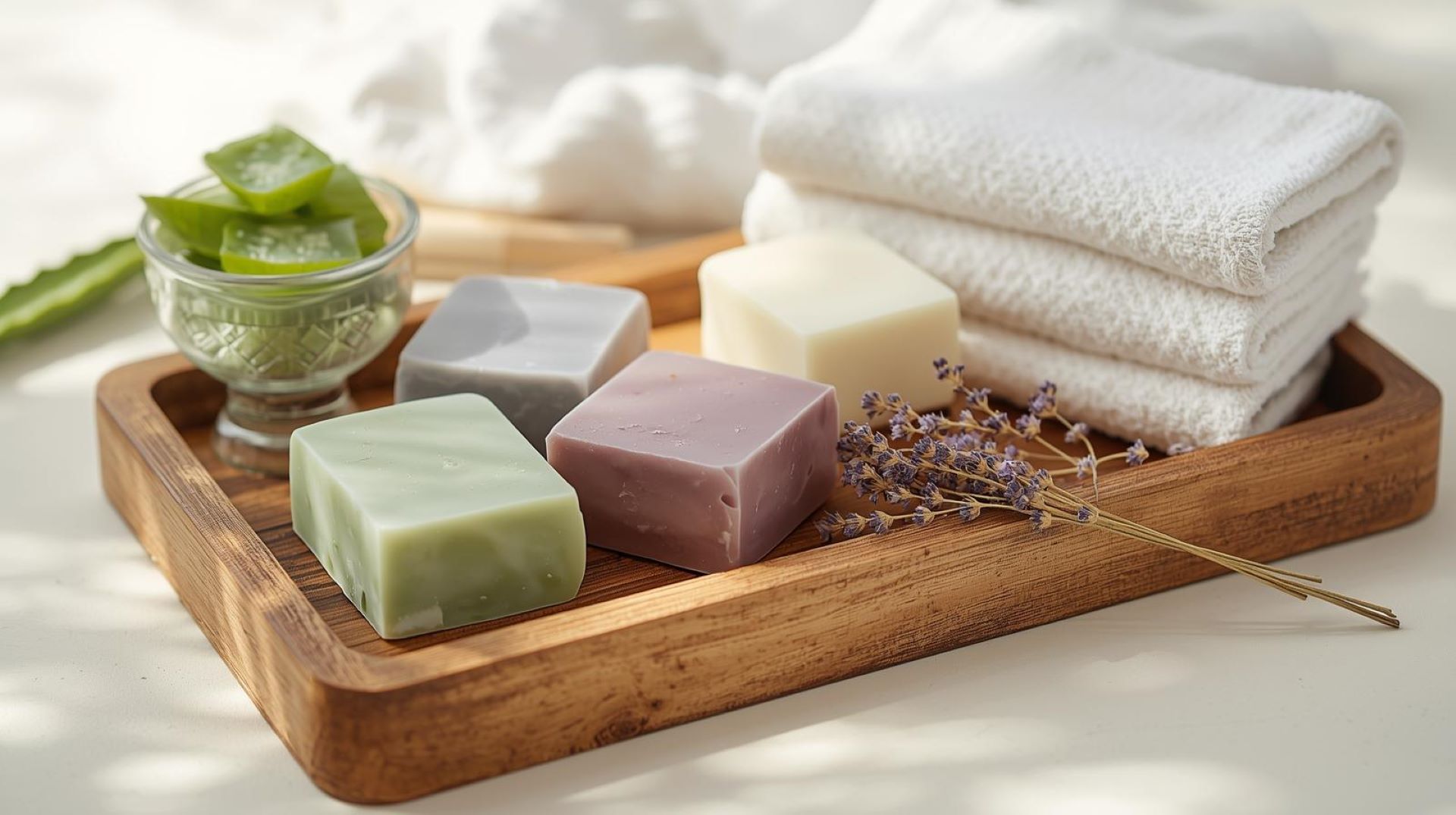Symbolbild für nachhaltige Körperpflege – feste Naturseifen, Baumwolltücher und Aloe Vera