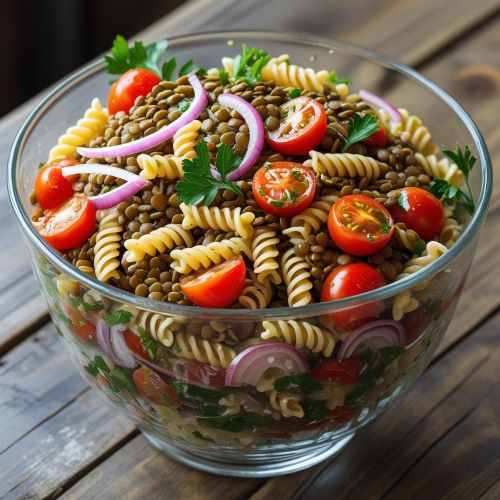 Linsen-Nudel-Salat mit Zwiebeln und halbierten Cherry-Tomaten in einer Glasschüssel