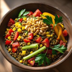Linsensalat mit buntem Gemüse: Tomatenwürfel, Stangensellerie, Mais, gelber Paprika, glatte Petersilie und Pinienkerne