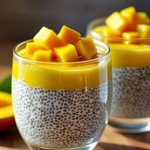 Glas mit Mango-Chia-Pudding, gelbe Schichten und Mangowürfel als Topping