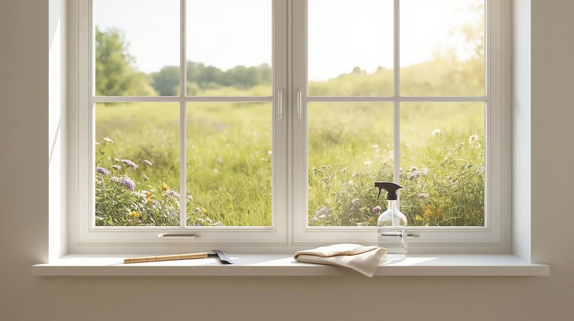 Nachhaltig Fenster putzen – Glasreiniger in Glasflasche und Bambus-Abzieher vor hellem Fenster mit Sonnenlicht und Pflanzen im Hintergrund