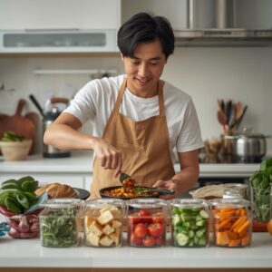 Person kocht in einer hellen Küche aus Gemüse- und Brotresten ein buntes Gericht – kreative Resteverwertung als nachhaltige Lösung gegen Lebensmittelverschwendung.