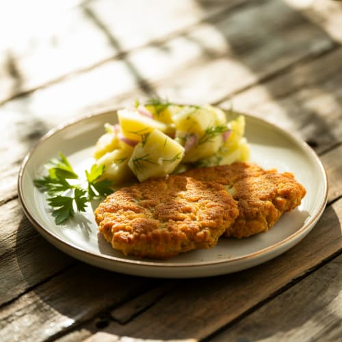 Sellerieschnitzel paniert, mit Kartoffelsalat, auf einem Teller angerichtet