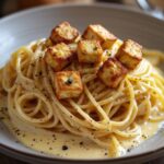 Spaghetti Carbonara in heller Soße mit gebratenen Tofuwürfel