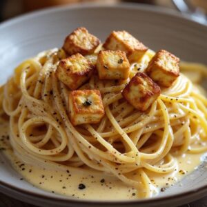 Spaghetti Carbonara in heller Soße mit gebratenen Tofuwürfel
