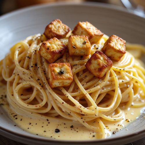 Spaghetti Carbonara in heller Soße mit gebratenen Tofuwürfel