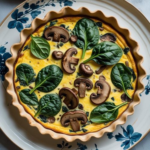 Spinat-Champignon-Quiche in einer Quicheform, obendrauf Spinat und Champignons