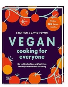 Cover des Kochbuchs „Vegan for Everybody“ von David Flynn und Stephen Flynn zeigt Tomatenranken gezeichnet auf dunkelblauem Hinterrgrund