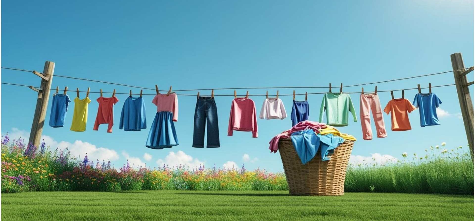Blauer Himmel, eine Wäscheleine mit Wäsche, darunter Rasen und ein Blumenbeet