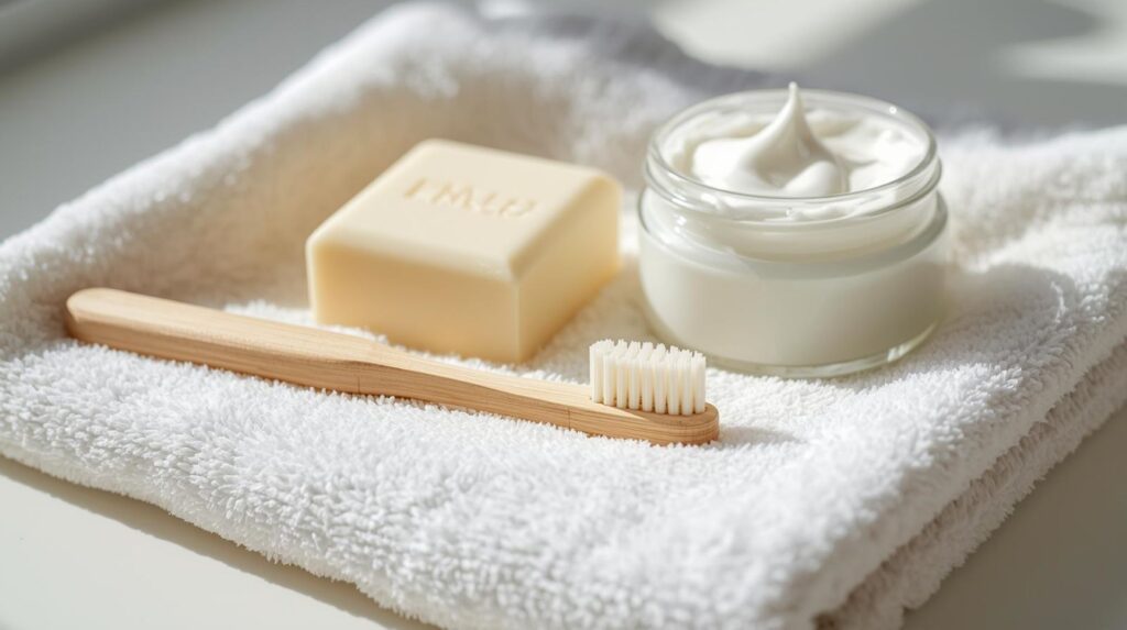 Nachhaltige Bambus-Zahnbürste mit Glas Zahncreme und fester Seife – plastikfreie Alternative für Zero-Waste-Mundpflege.