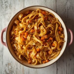 Saisonales Mittagessen: Bandnudeln mit Butternut-Kürbis in einer Gratinform