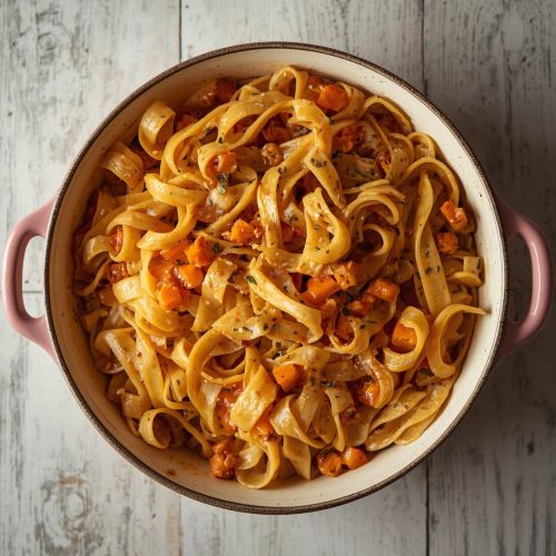 Saisonales Mittagessen: Bandnudeln mit Butternut-Kürbis in einer Gratinform