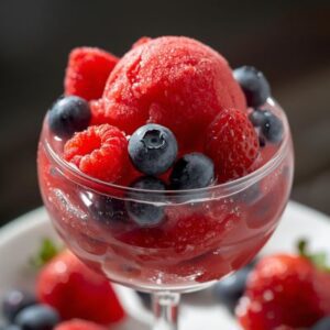 Veganes Beerensorbet aus gefrorenen Beeren mit Zitronensaft – erfrischendes nachhaltiges Dessert ohne Eismaschine.