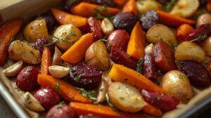 Bunte Gemüse-Wedges aus dem Ofen mit Kartoffeln, Rote Beete, Karotten, Kürbis, Pastinake, Zwiebeln und Knoblauch, serviert mit frischen Kräutern als nachhaltige Abendessen-Idee.
