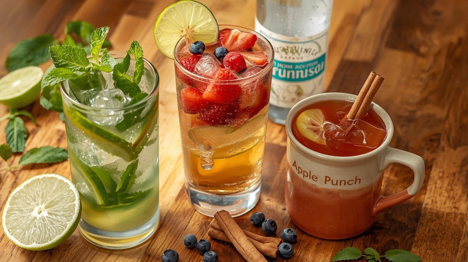 Nachhaltige Drinks und Cocktails: Mojito mit Minze, Sommerdrink mit Beeren und Apfelpunsch mit Zimt – klimafreundlicher Genuss für jede Jahreszeit.