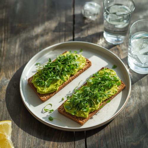 Vollkornbrot mit zerdrückter Avocado und frischer Kresse, nachhaltiges Frühstücksrezept