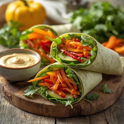 Bunte Gemüse-Wraps mit Hummus-Füllung, nachhaltiges Frühstücksrezept zum Mitnehmen