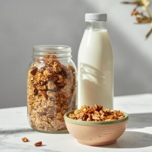 Selbstgemachtes Granola mit Haferflocken, Nüssen und Samen in einem Glas, nachhaltiges Frühstücksrezept