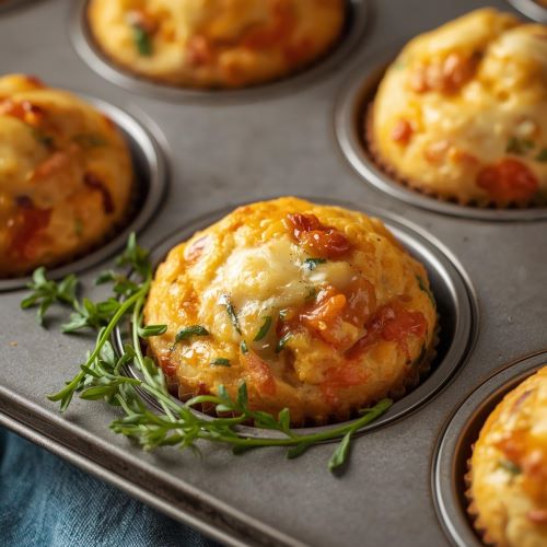 Herzhafte Muffins mit Gemüse und Käse auf einem Teller, nachhaltiges Frühstücksrezept