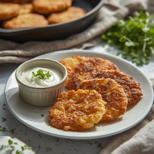 Knusprige Kartoffel-Bratlinge auf einem Teller, nachhaltiges Frühstücksrezept aus Restkartoffeln