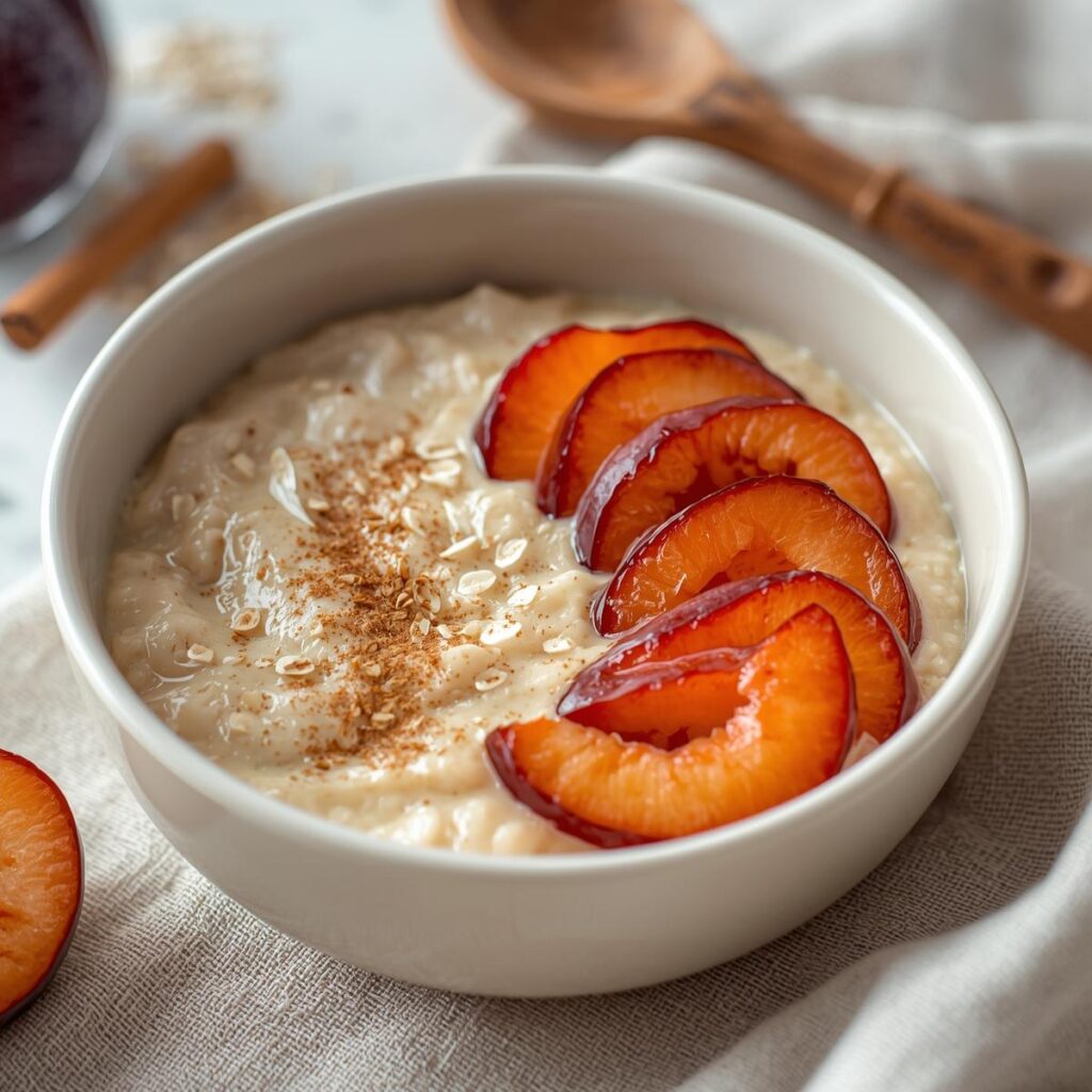 Cremiger Pflaumen-Porridge mit Zimt in einer Schale, nachhaltiges Frühstücksrezept mit regionalem Obst
