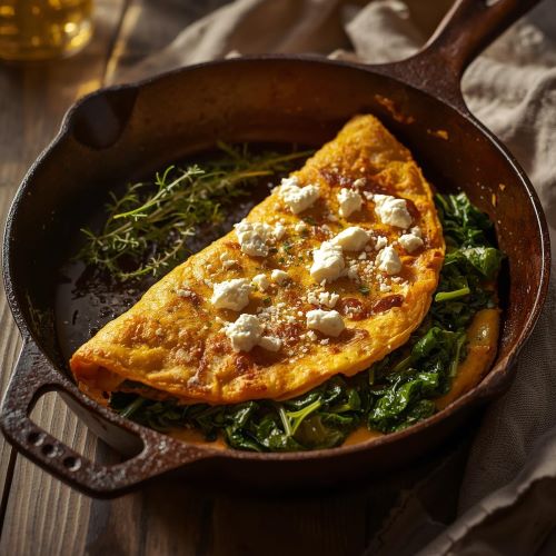Spinat-Feta-Omelett in der Pfanne, herzhaftes und schnelles Frühstücksrezept