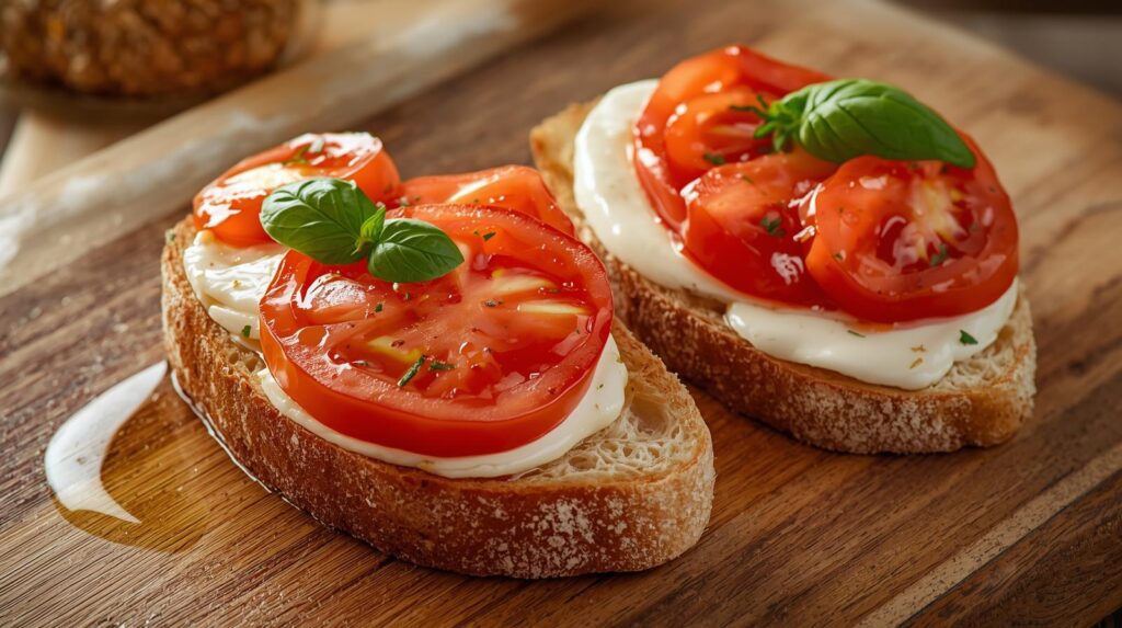Vollkornbrot belegt mit Tomaten, Mozzarella und Basilikum, nachhaltiges pikantes Frühstücksrezept