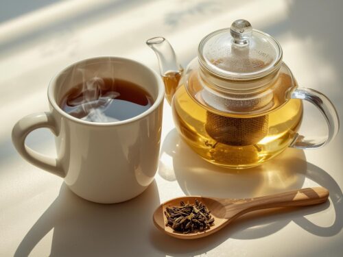 Eine Tasse Filterkaffee neben einer Glaskanne mit losem grünem Tee und Teeblättern – nachhaltiger Vergleich von Kaffee und Tee.